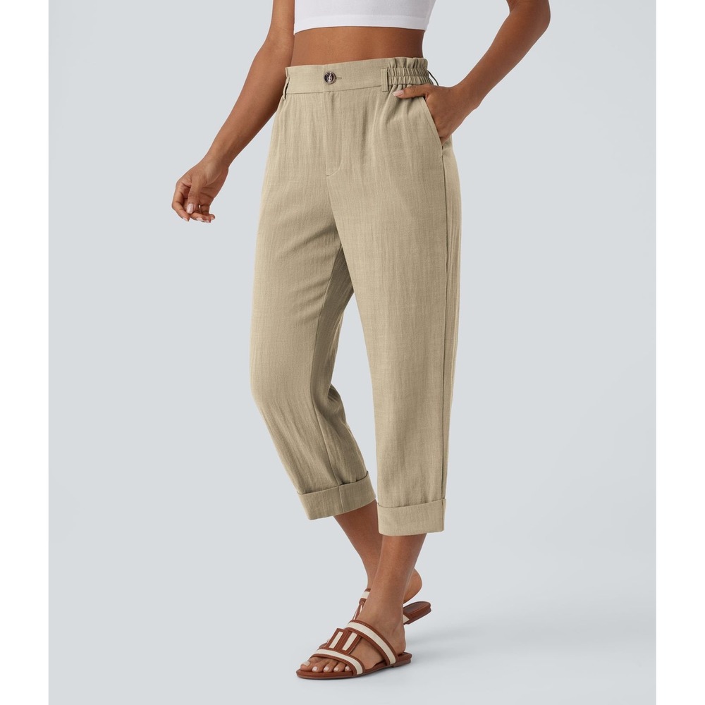 Halara Sz XL Khaki High Waisted Linen Feel Cropped Pants Pocket Cuffed Pleated
